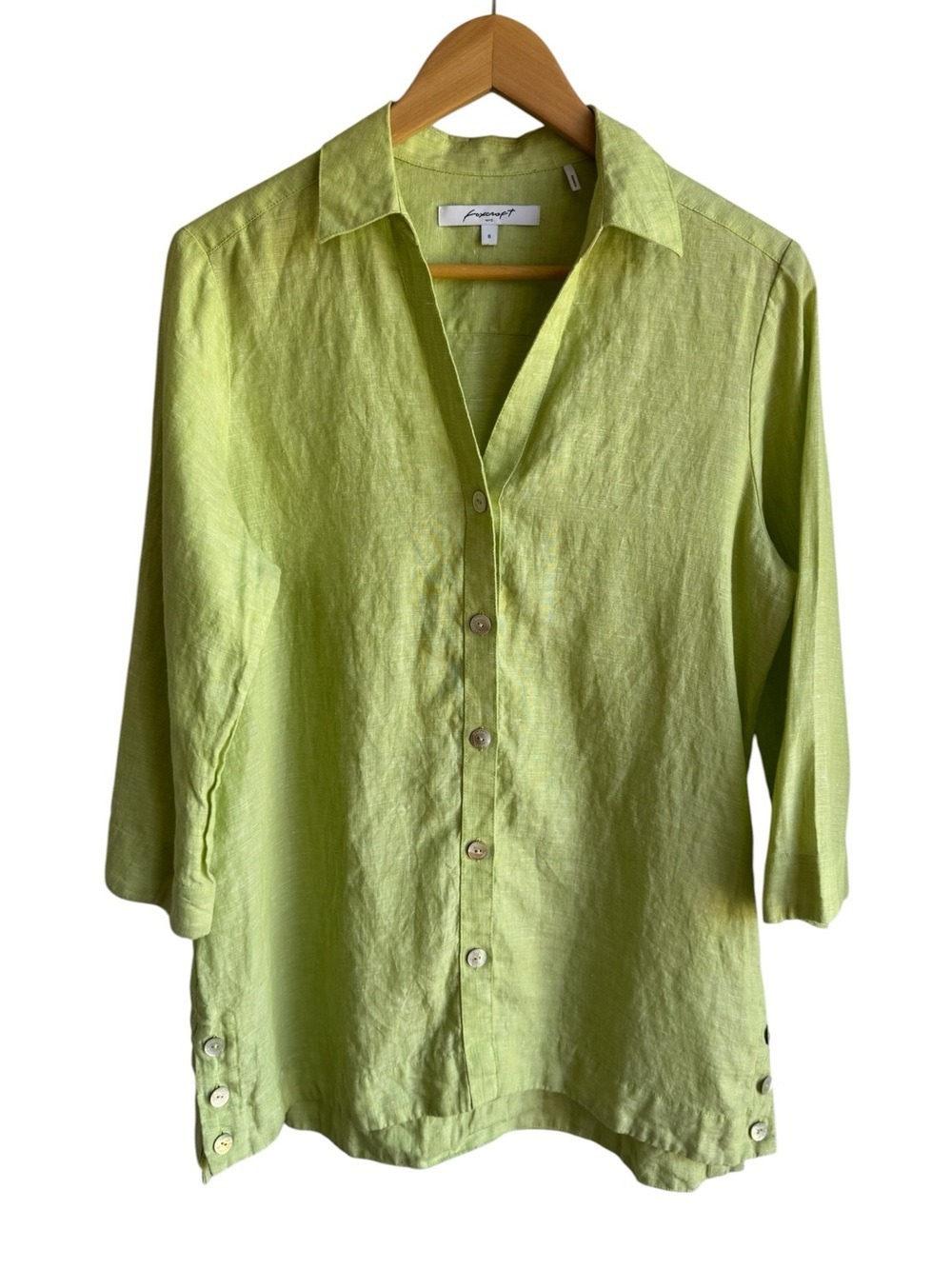 Foxcroft Button Front Tunic Top Sz 8 Lime Green Linen Blend Preppy 3/4 Sleeve